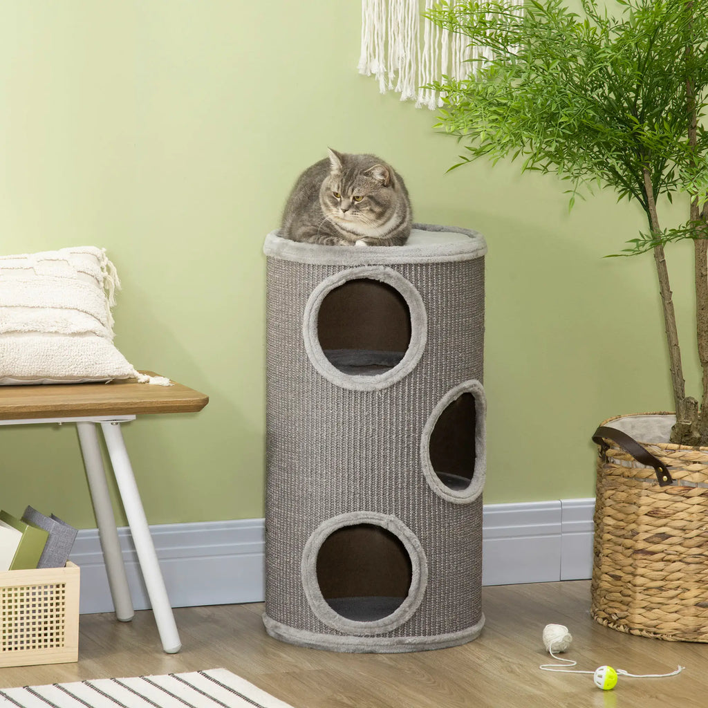 3-Tier Cat House with Sisal Scratching Post and Plush, Ø38x70cm, Light Grey - Borge' Group Limited
