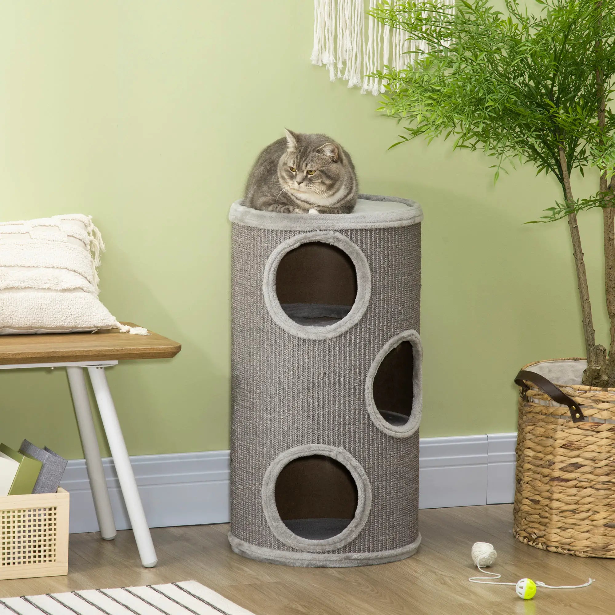 3-Tier Cat House with Sisal Scratching Post and Plush, Ø38x70cm, Light Grey - Borge' Group Limited