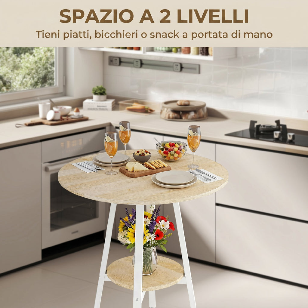 HOMCOM Round High Table with Shelf, Modern Kitchen or Dining Table, for 2 People, Natural and White