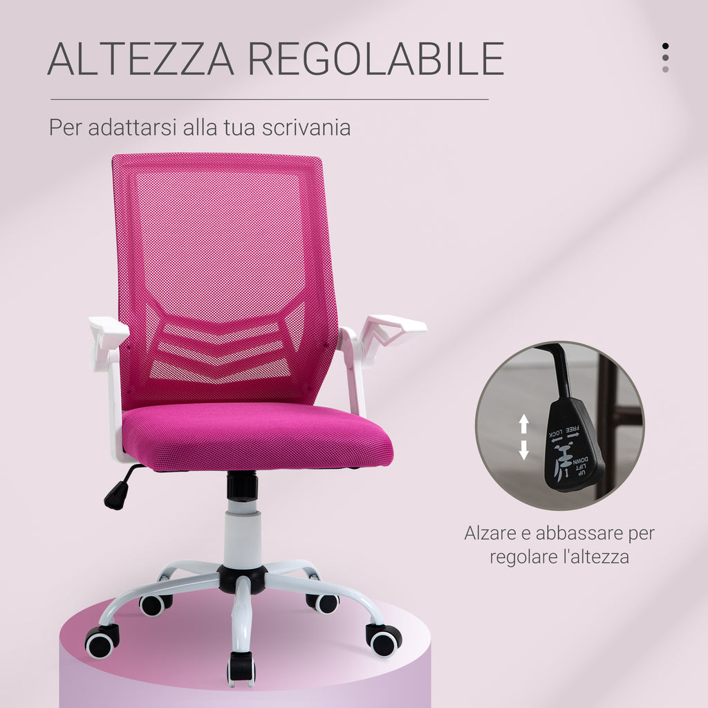 Ergonomic Office Chair with Lumbar Support, Folding Armrests, Breathable Mesh Swivel Desk Chair with Reclining Backrest and Adjustable Height, 120kg Capacity, Pink