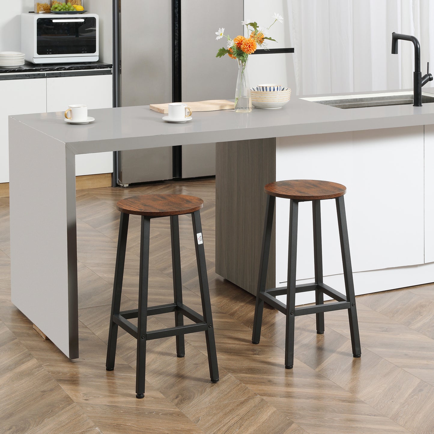 Set of 2 Kitchen Stools in Chipboard and Steel with Smooth Top and Footrest, 32.5x32.5x65 cm, Brown