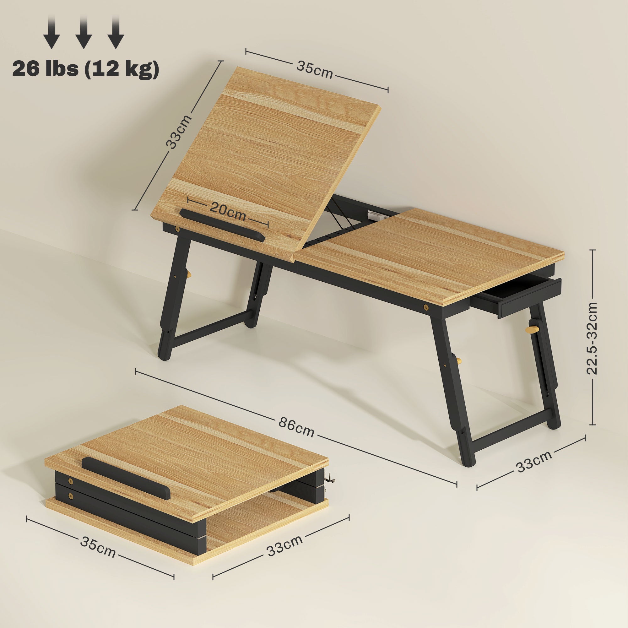 Tilting and Adjustable Monitor Stand with Side Drawer, in Wood, 86x33x22.5-32 cm, Oak and Black