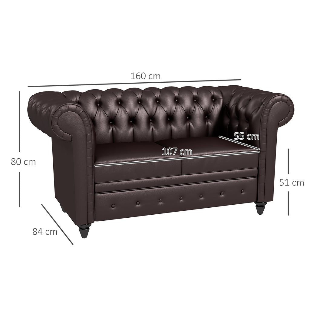 2-Seater Chesterfield Style Sofa with Removable Cushion, in Faux Leather, Wood and Metal, 160x84x80 cm, Brown