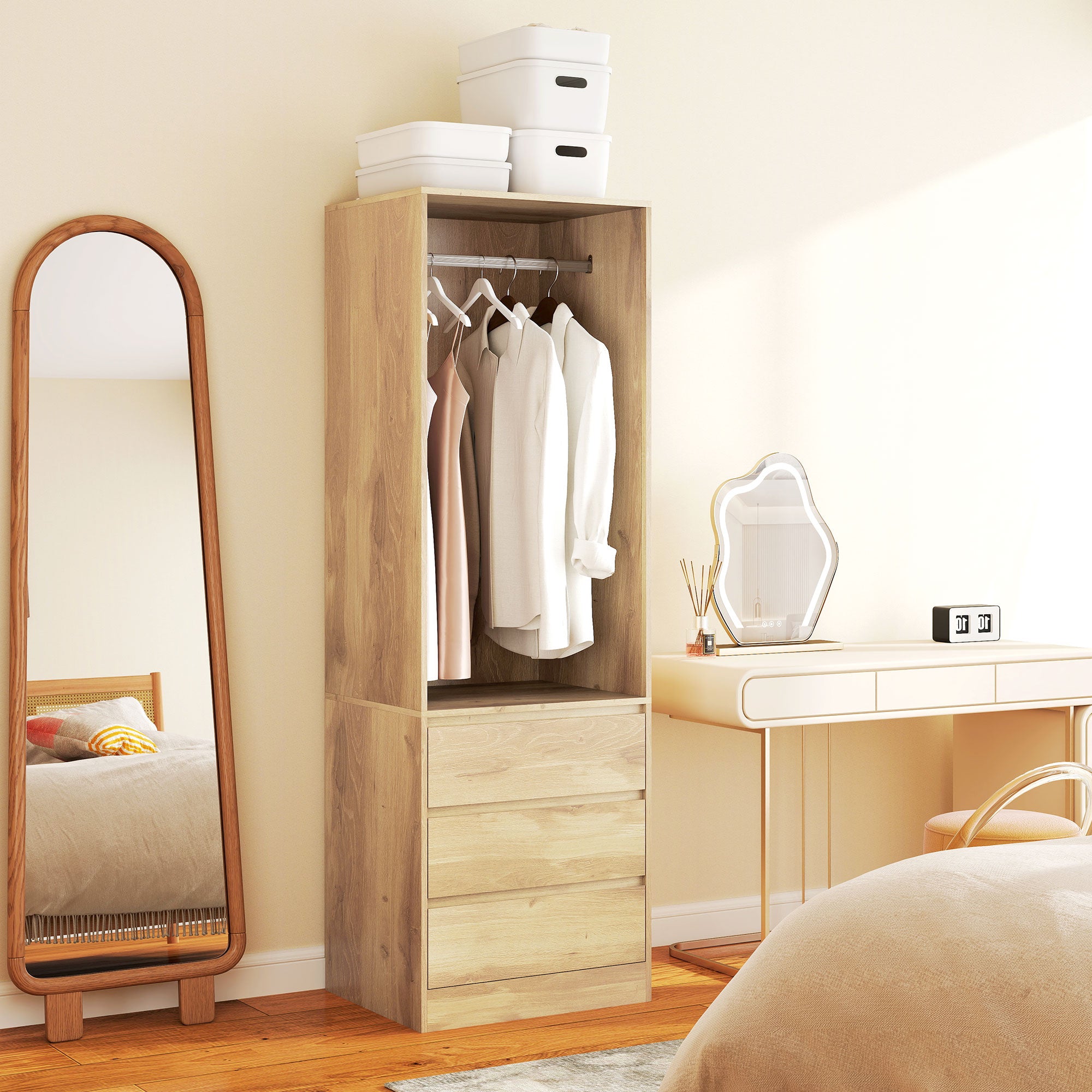 Wardrobe with Clothes Rail, Open Shelf and 3 Drawers, in Wood, 60x48.5x185 cm, Teak color