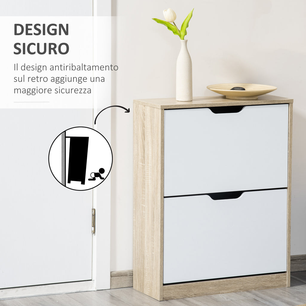 Space Saving Slim 2 Drawer Shoe Cabinet for 8 Pairs of Shoes 62.5x26x81 cm, Wood and White