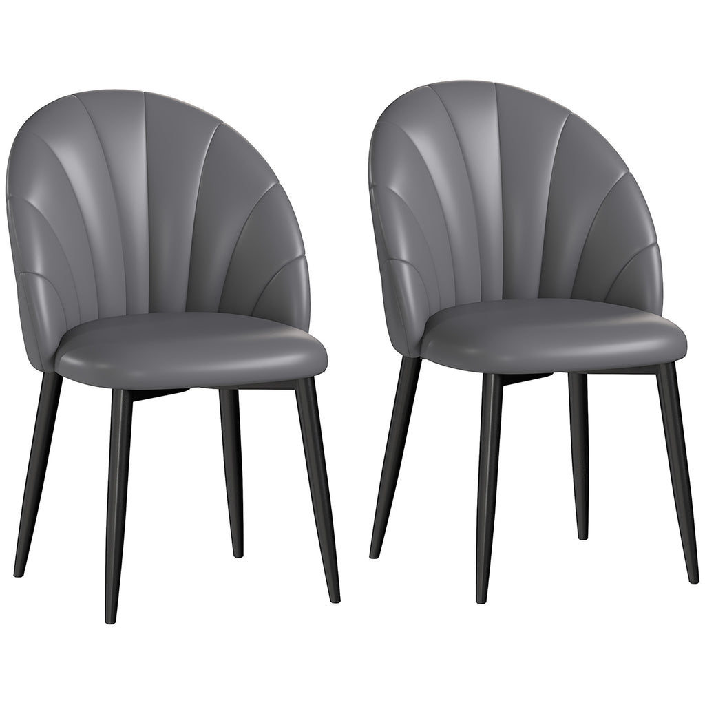 Set of 2 PU Leather Dining Chairs with Metal Legs and Shell Backrest, Dark Gray