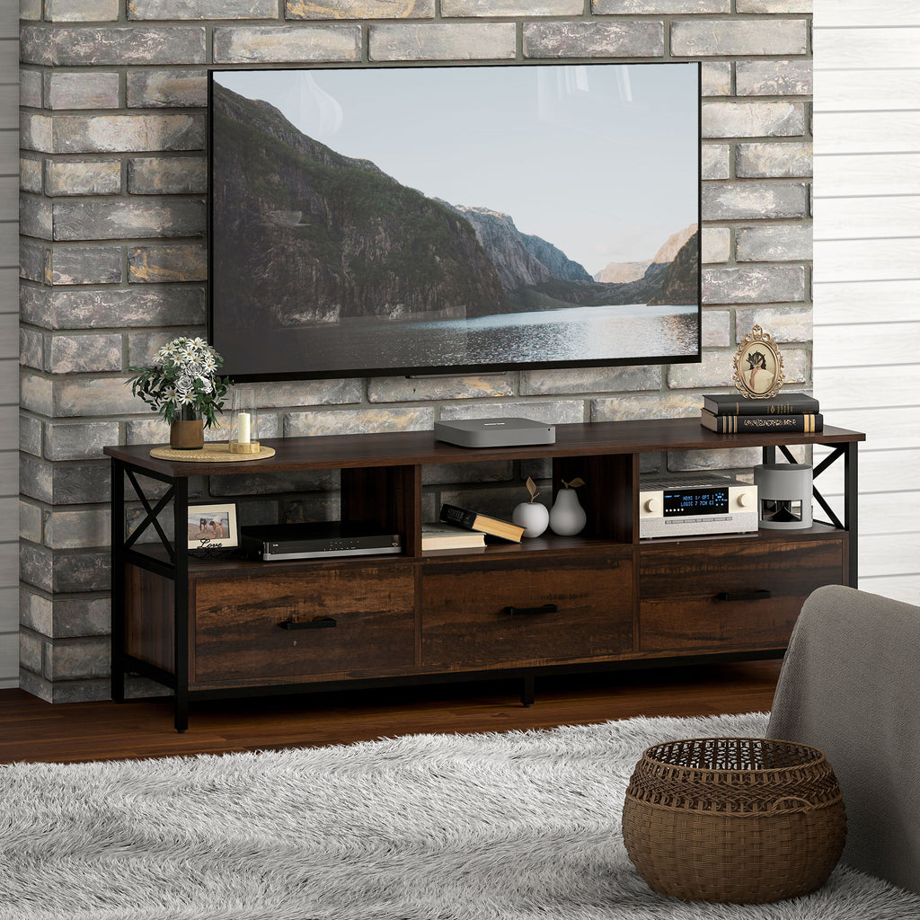 Industrial TV Cabinet with 3 Drawers and 3 Open Shelves, in Wood and Steel, 147x40x50 cm, Black and Brown