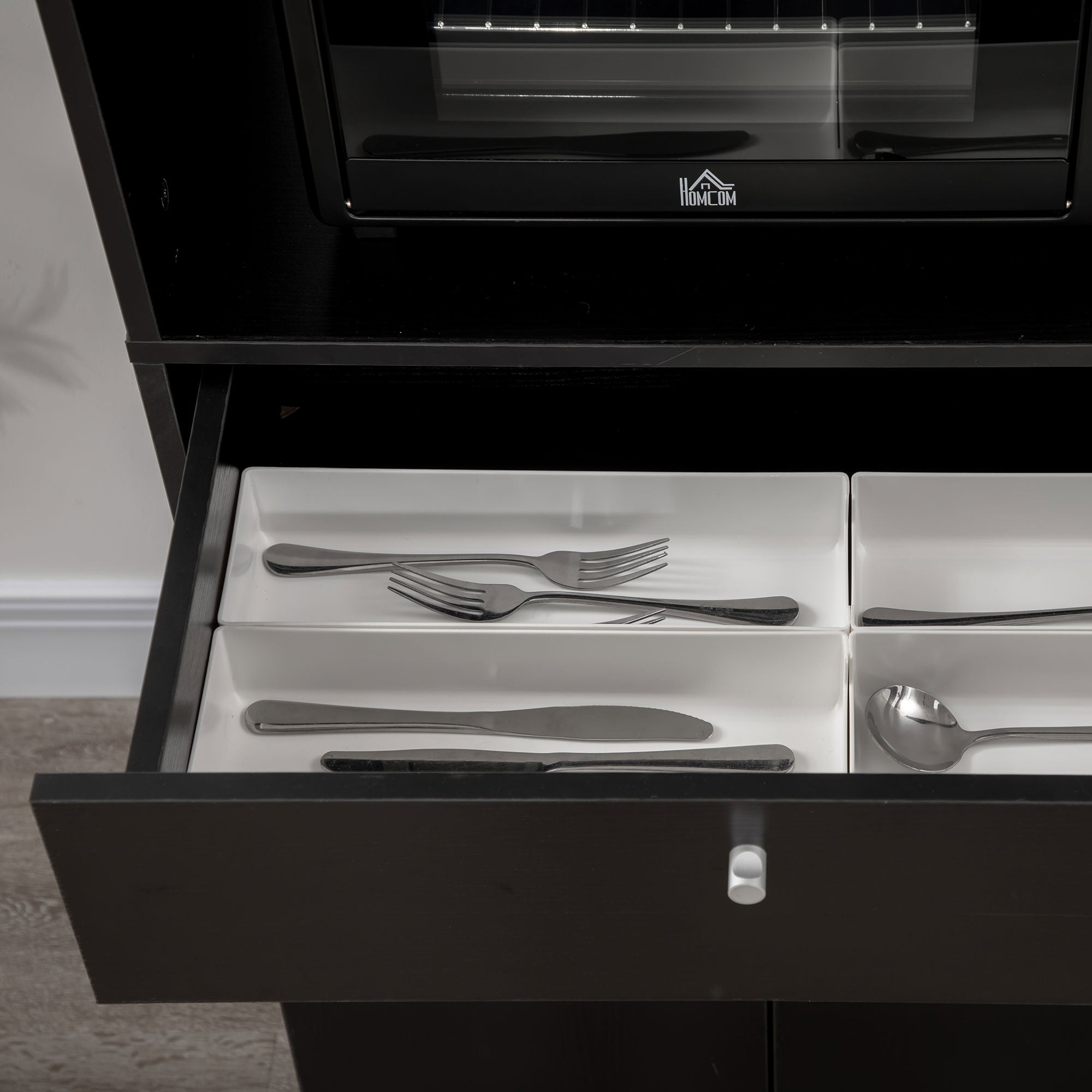 Wooden Kitchen Cabinet Microwave Sideboard with Cupboards, Shelves and Drawer, 90x40x120 cm, Black