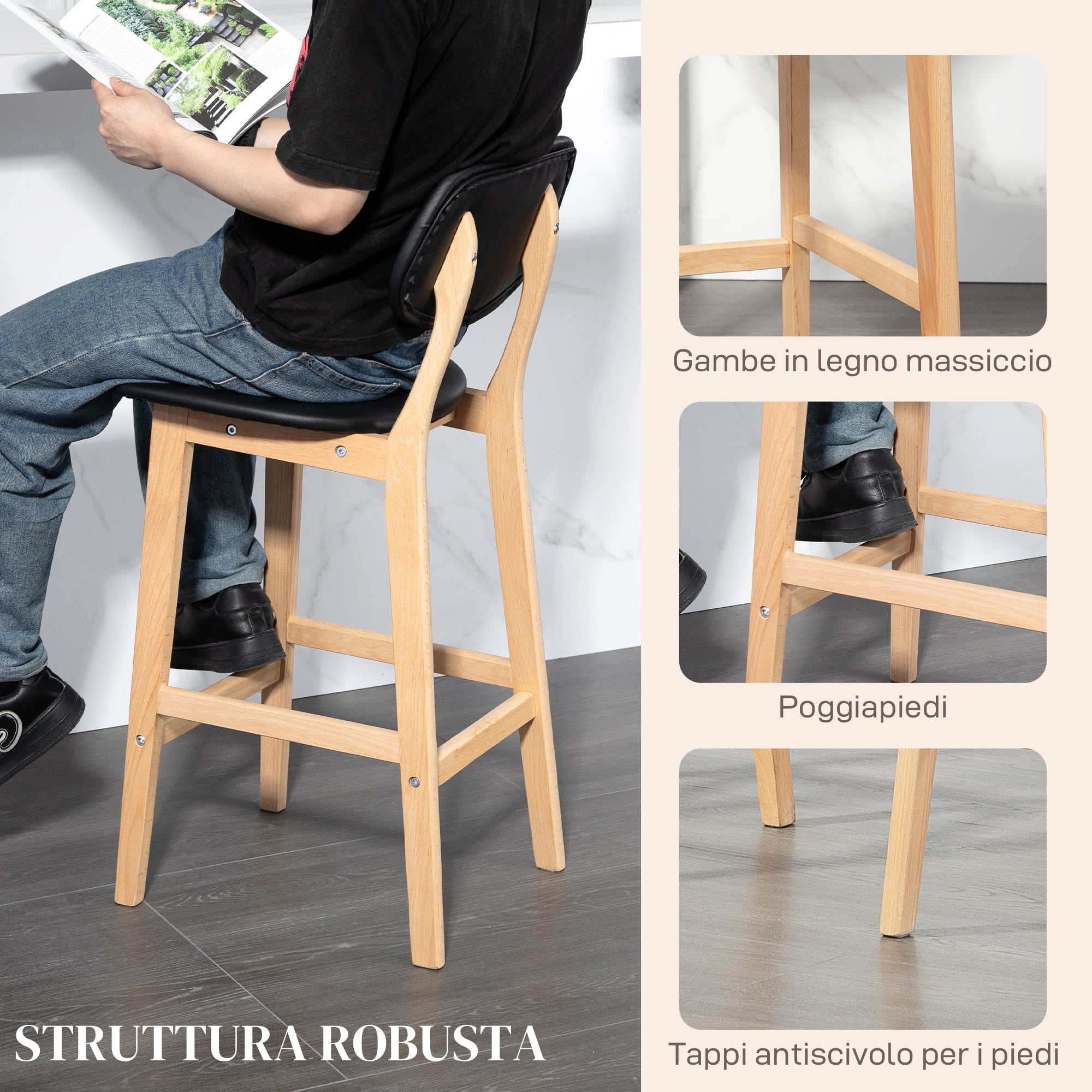 Set of 2 Bar Stools with Backrest, Faux Leather Cover and Footrest, 42x47x92cm, Black - Borgè