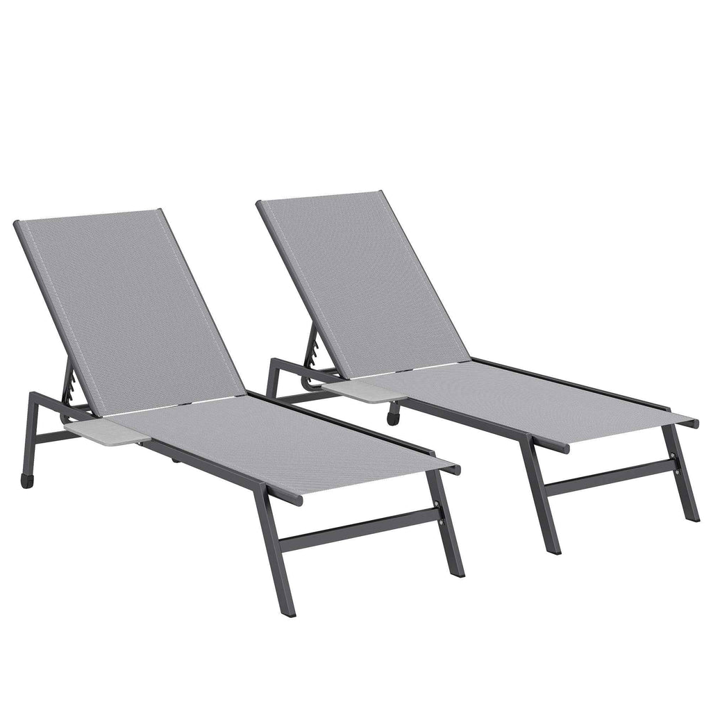 Outsunny Set of 2 Sun Loungers Adjustable in 5 Positions with Side Table and 2 Wheels, in Metal and Polyester, Grey