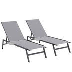 Outsunny Set of 2 Sun Loungers Adjustable in 5 Positions with Side Table and 2 Wheels, in Metal and Polyester, Grey