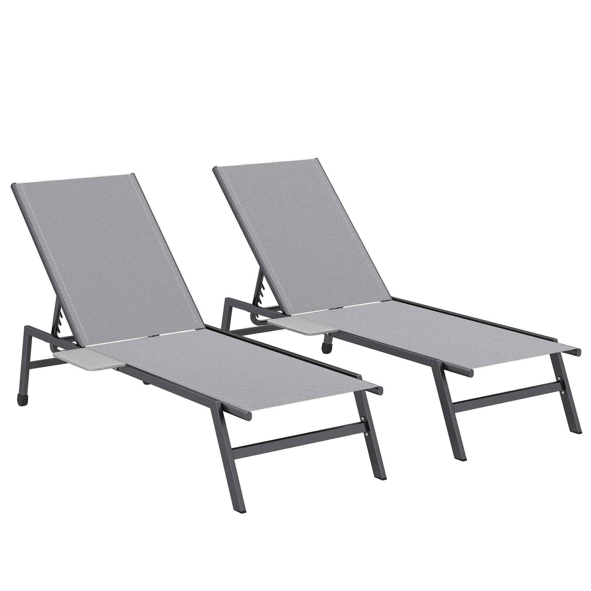 Outsunny Set of 2 Sun Loungers Adjustable in 5 Positions with Side Table and 2 Wheels, in Metal and Polyester, Grey