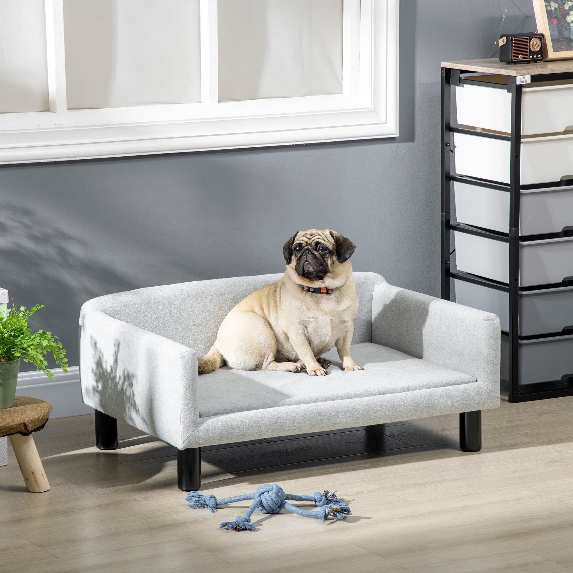 Velvet Dog Sofa with Cushion, Armrests and Backrest, 82 x 54 x 36 cm, Light Grey