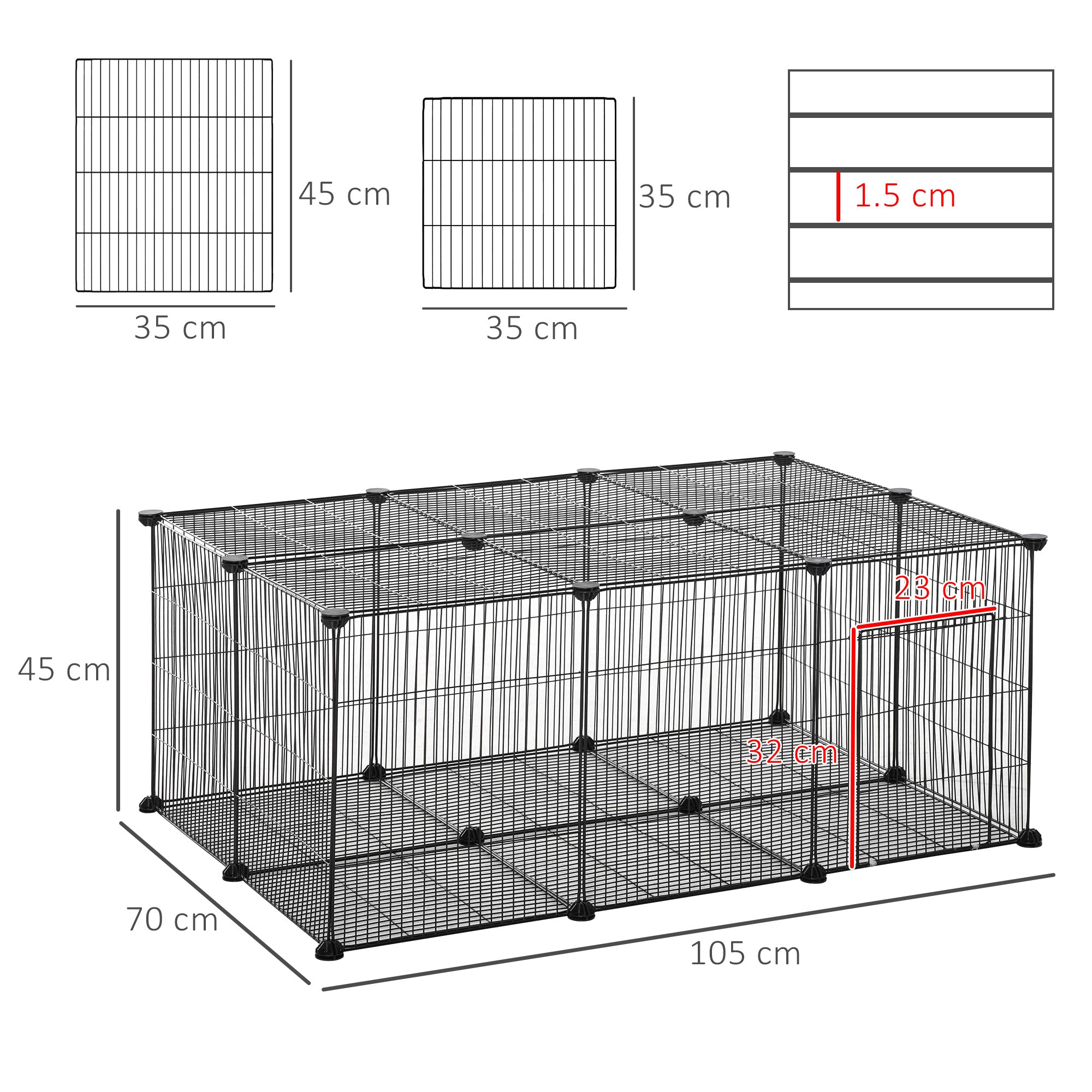 Rabbit and Small Animal Cage, 22 Modular Metal Panels with Door, Black, 105 x 70 x 45cm