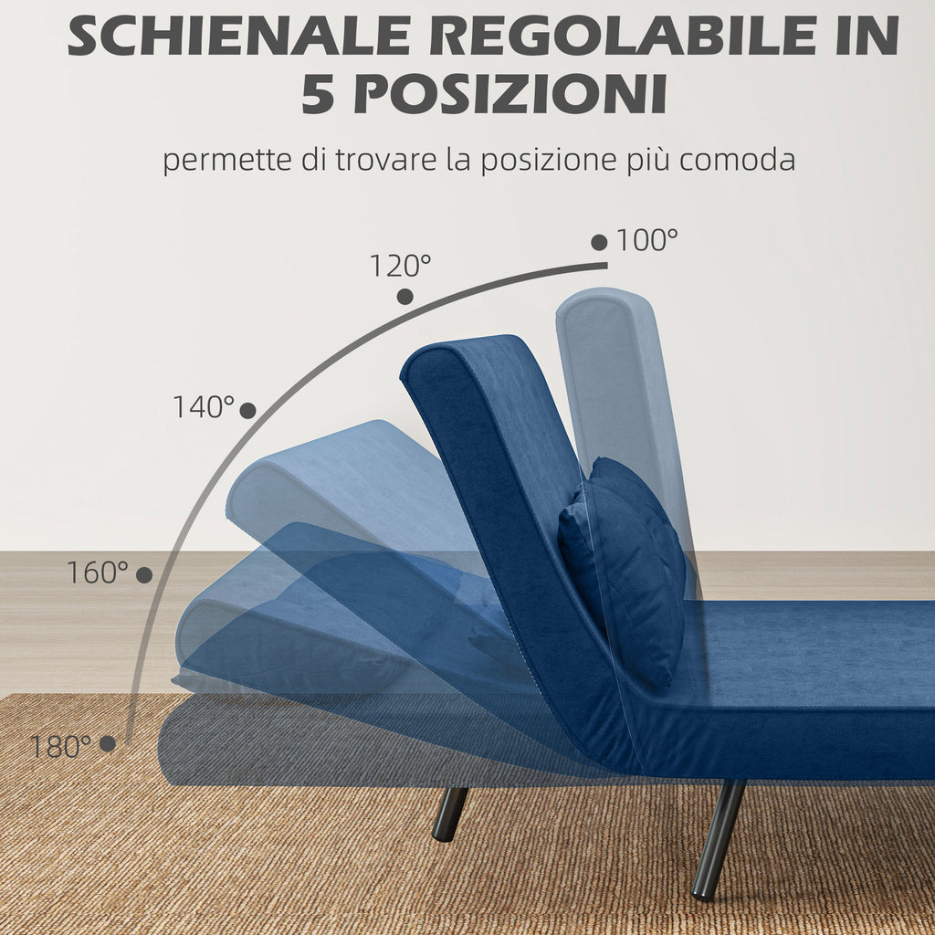 3 in 1 Velvet Fabric Sofa Bed with Adjustable Backrest and 2 Cushions, 102x73x81 cm, Blue