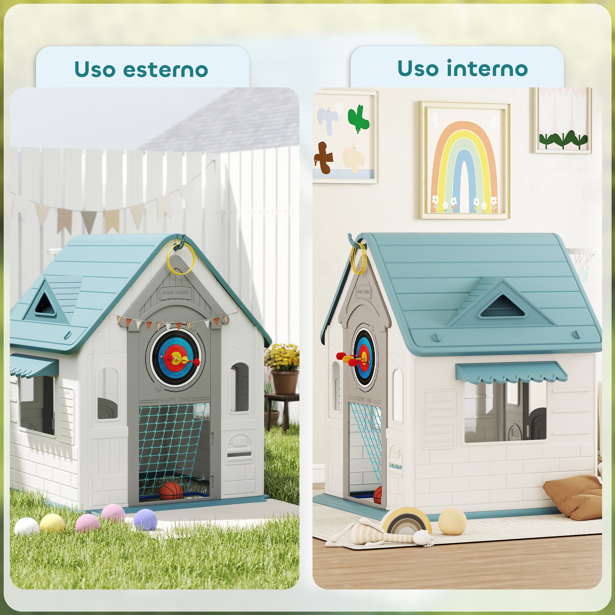 5-in-1 Children's Playhouse in Multi-Color PP with Basketball, Rings and Darts, 132x118x124 cm