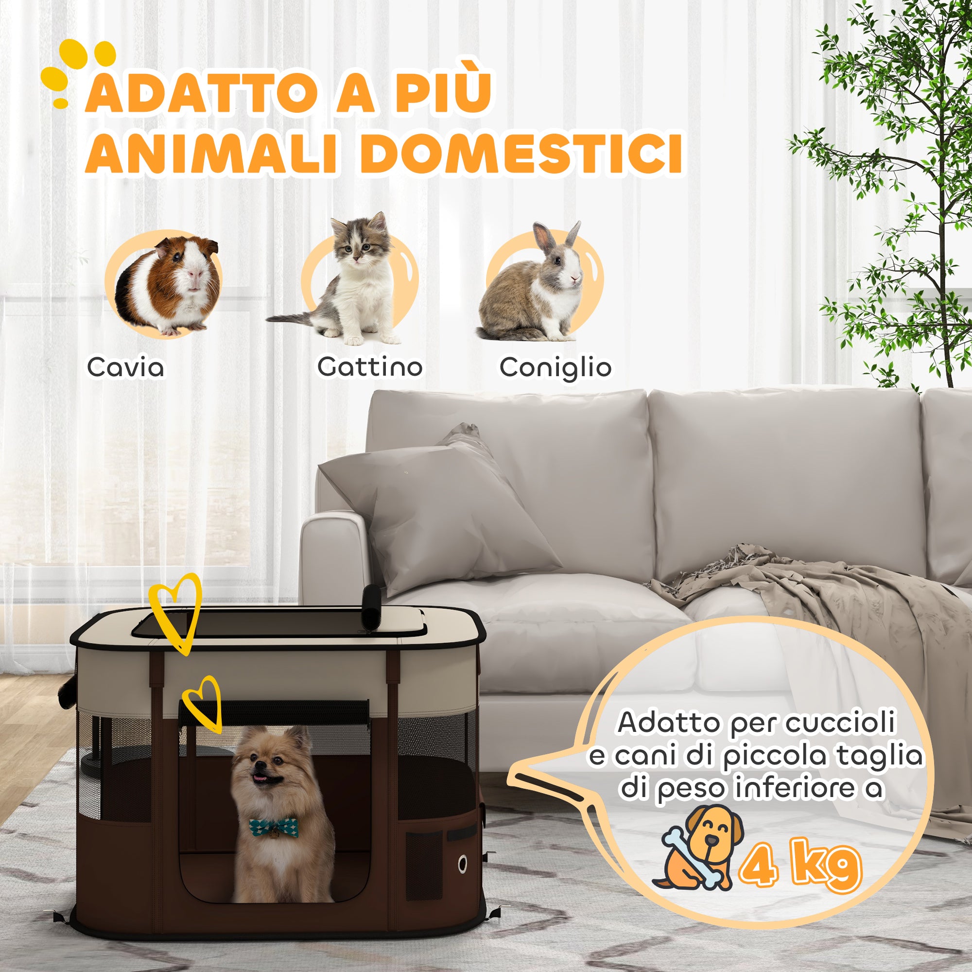 PawHut Pet Playpen with 6 Windows, 3 Doors and 2 Storage Bags, Polyester and Steel, 74x60x45 cm, Brown