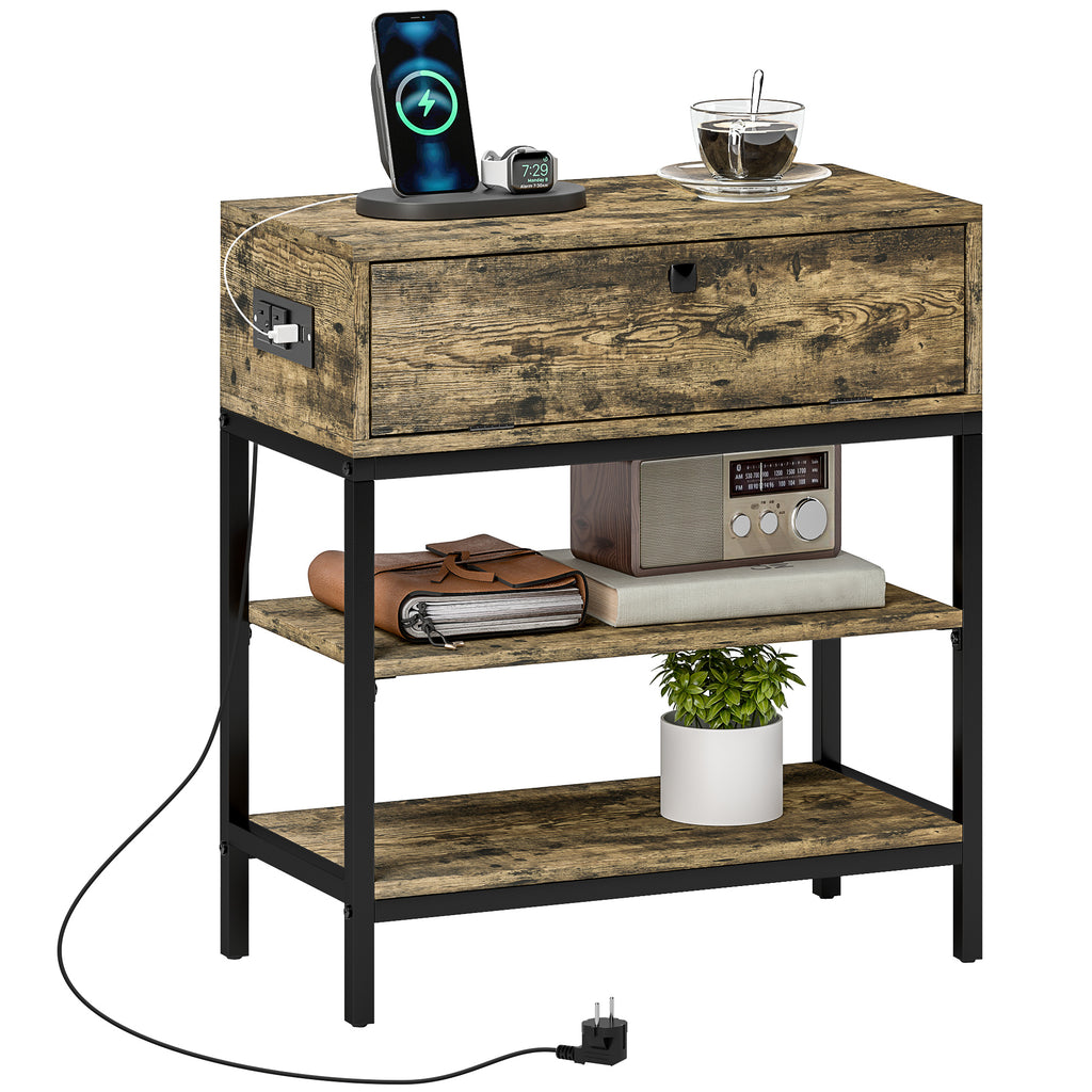 Sofa Table with Drawer and 2 Shelves Industrial Style, in Wood and Metal, 60x30x66.5 cm, Black and Brown