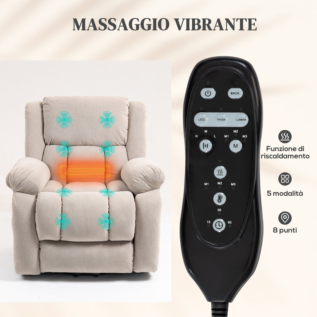 Lift Massage Reclining Chair with 2 Pockets and Remote Control, 93x104x105 cm, Beige