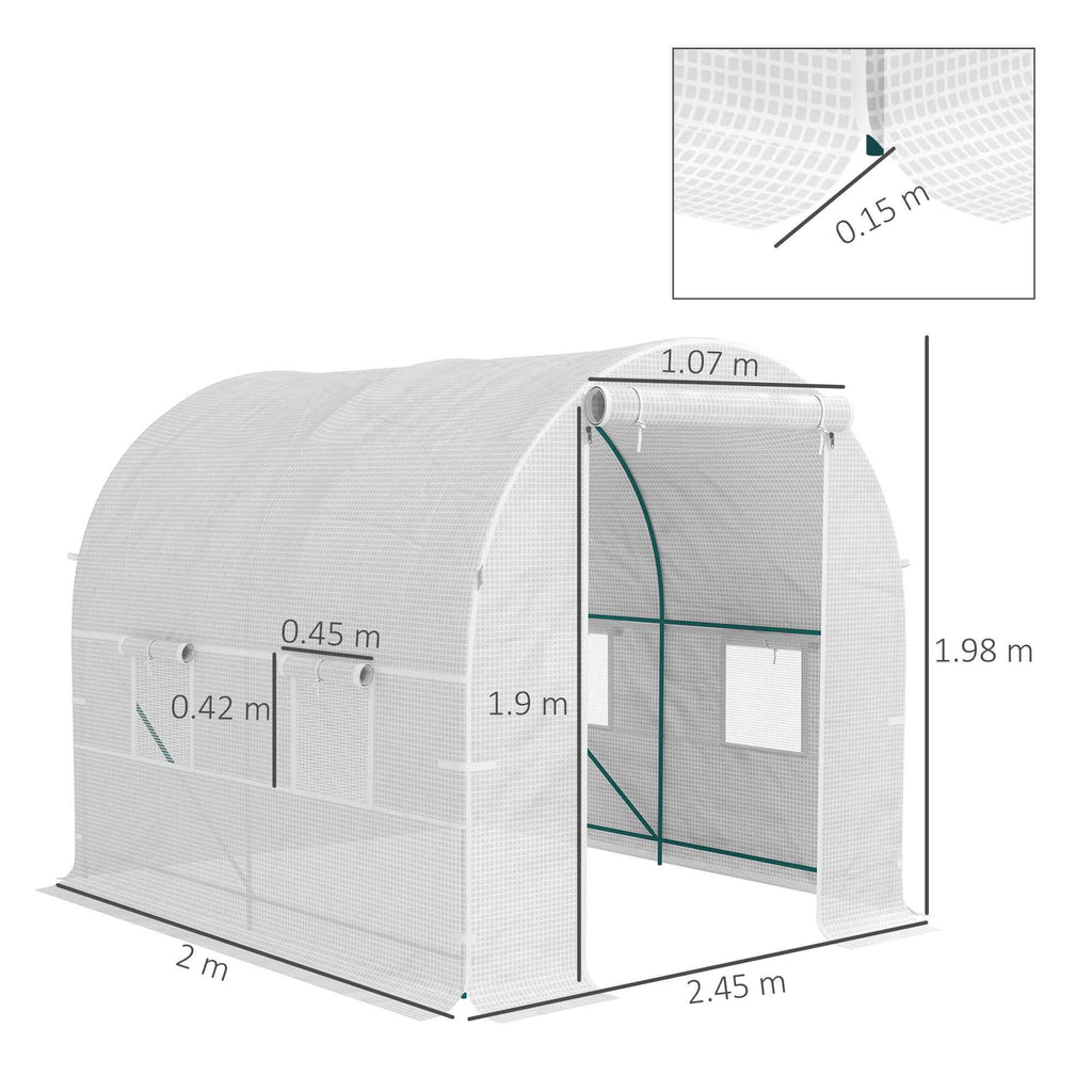 Outsunny 2.5x2x2m Steel Frame Tunnel Greenhouse with 4 PE Windows, White