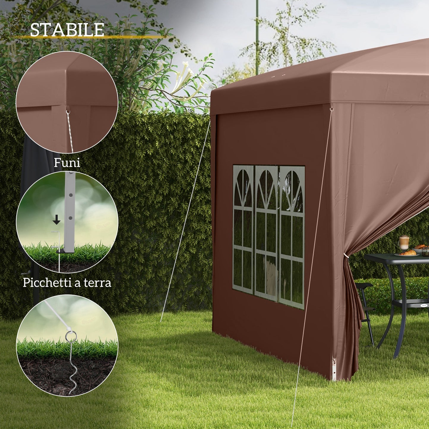 3x3m Folding Outdoor Gazebo with 4 Side Panels, in Steel and Oxford Fabric, Coffee Color