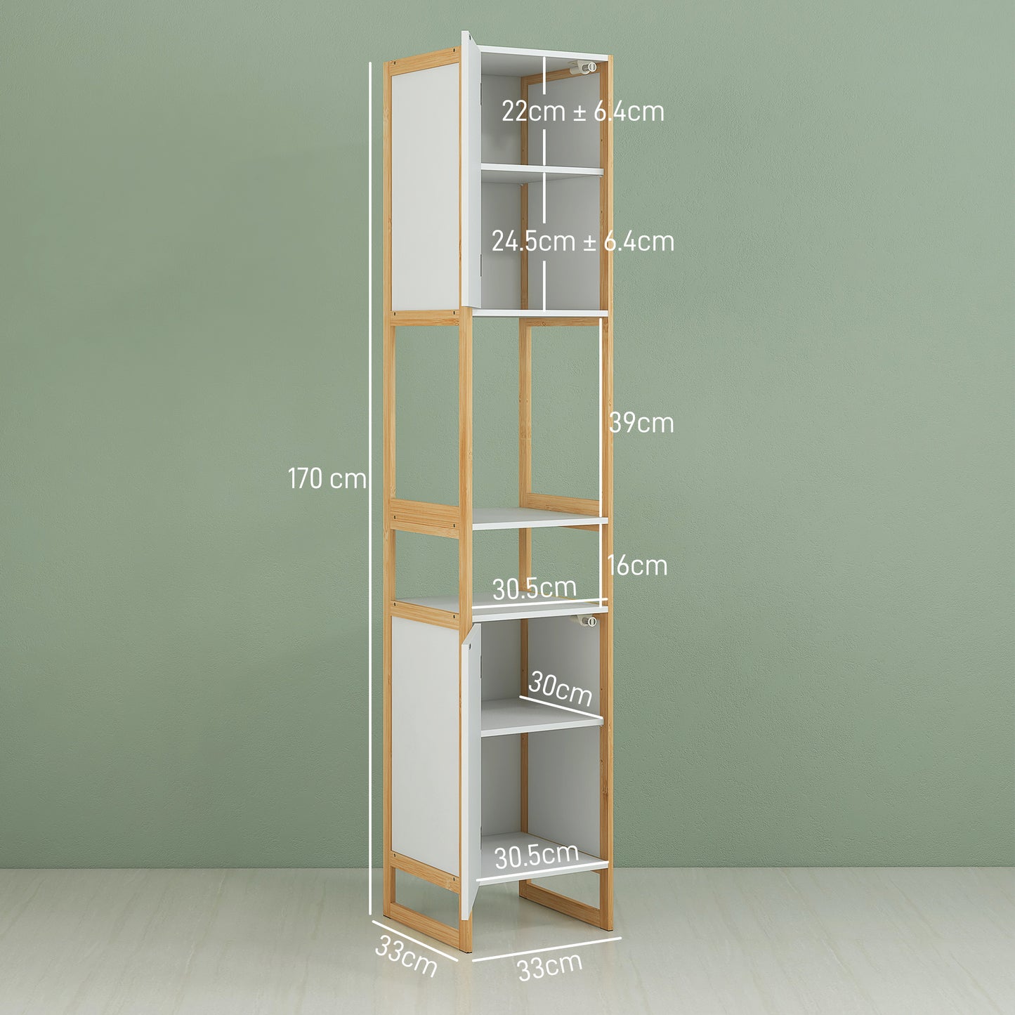 Space-Saving Bamboo Bathroom Column with Open Shelves and 2 Push-Opening Cabinets, White