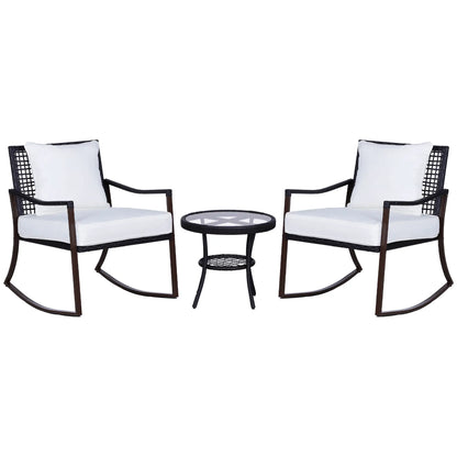 Set of 2 Garden Rocking Chairs with Coffee Table with Cushions Outdoor Rattan Brown