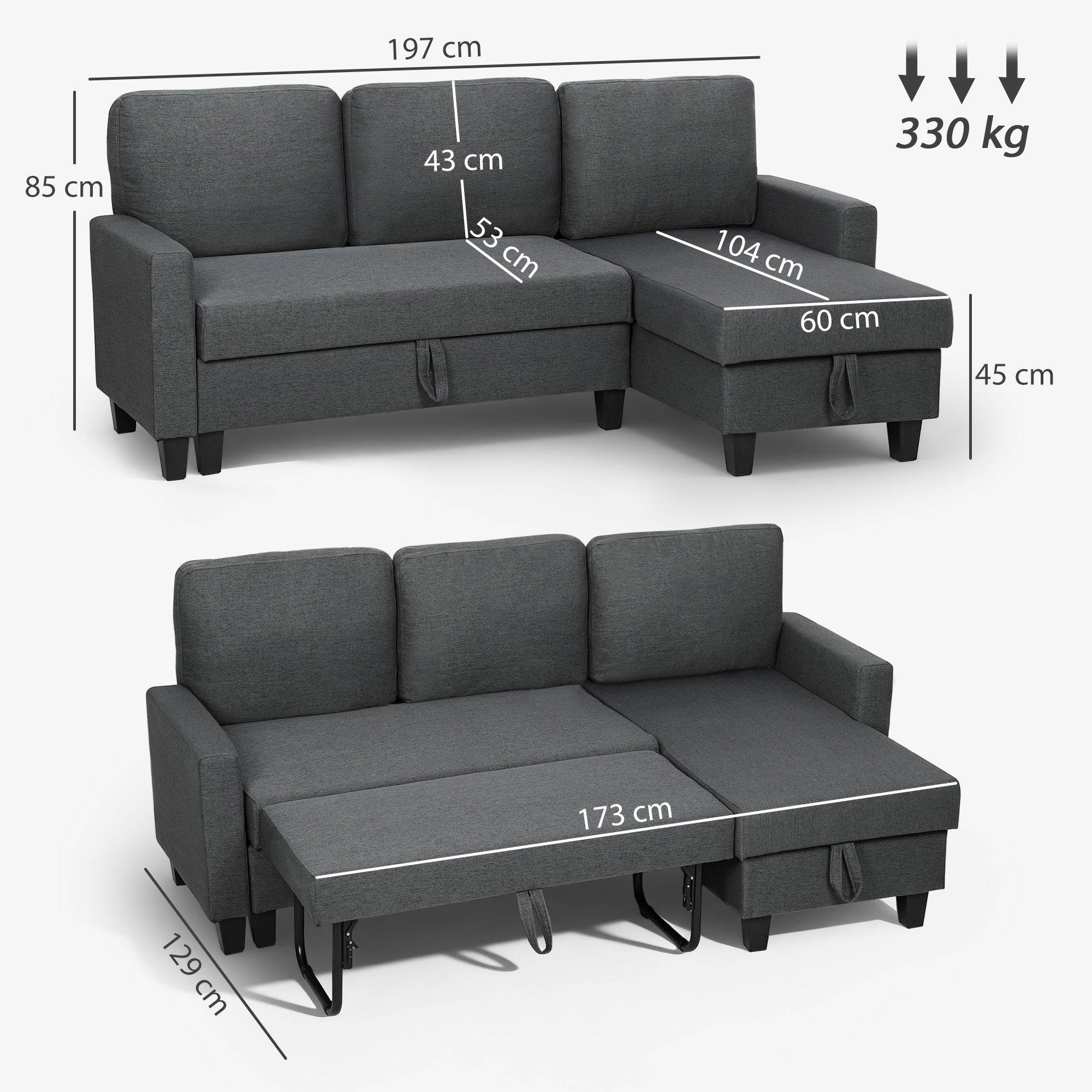 3-Seater Sofa Bed with Chaise and Storage Space, Linen-Effect Fabric, 197x129x85 cm, Charcoal Grey
