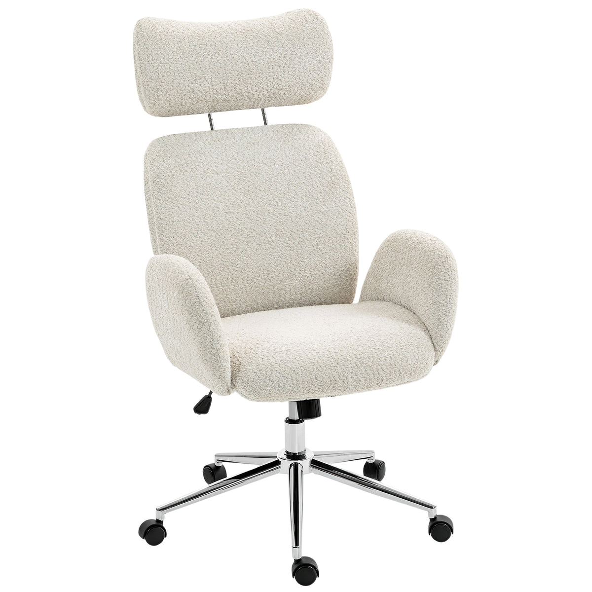 HOMCOM Bouclé Swivel Office Chair with Headrest. Height-Adjustable, Rocking Function, Light Grey-White