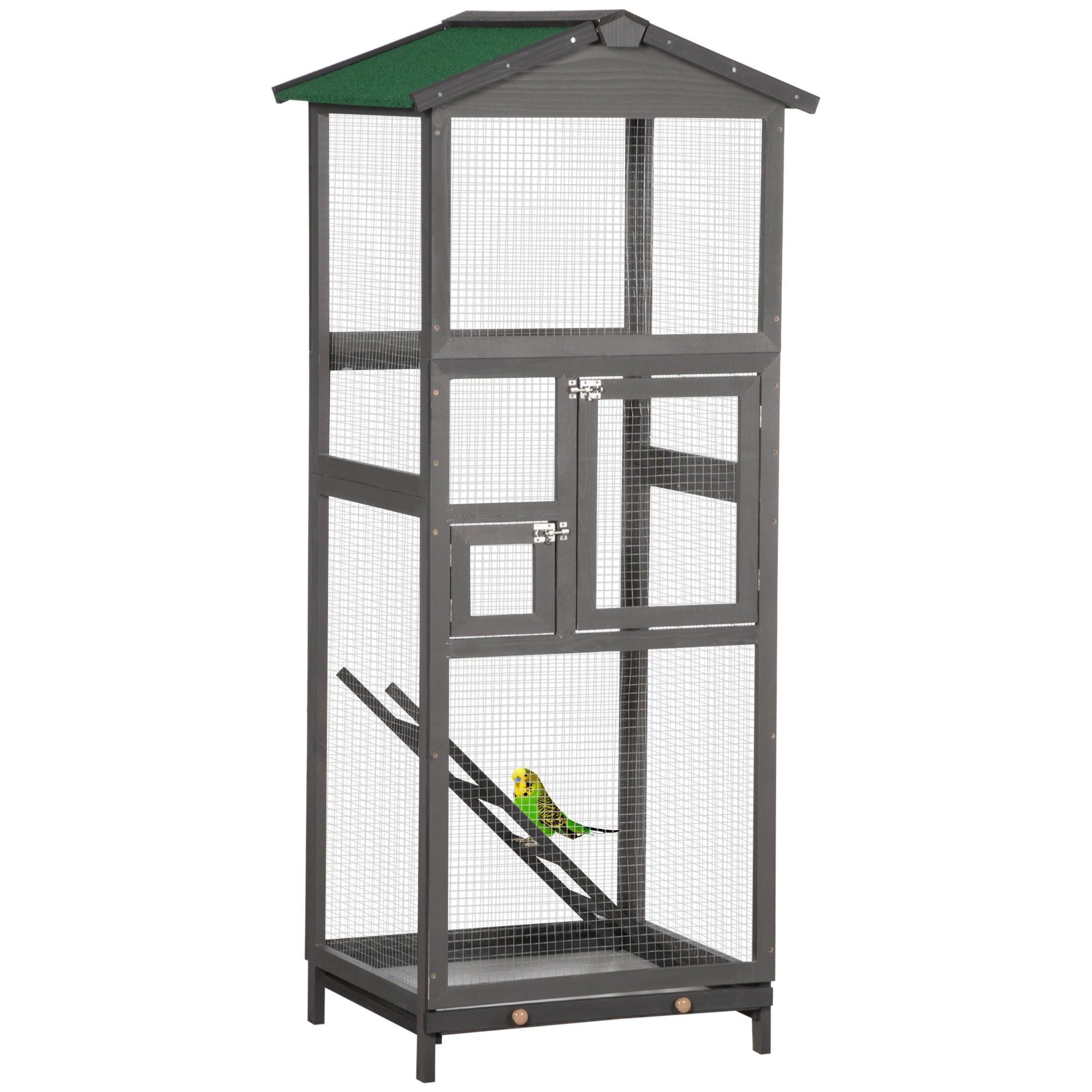 165cm Tall Outdoor Wooden Bird Cage with 2 Doors and Pull Out Tray, Light Grey