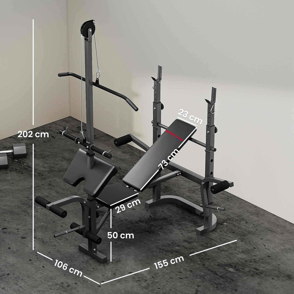 SPORTNOW Adjustable Multifunction Gym Bench with Barbell Rack with Leg Extension, Low Row, Arm Curl, Black