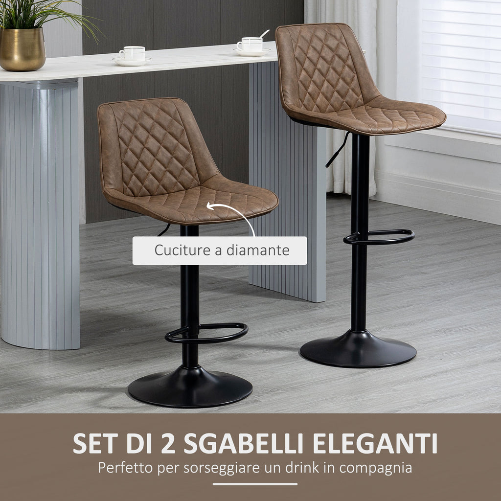Set of 2 Bar Stools with Adjustable Height and Swivel, Faux Leather Cover, Dark Brown