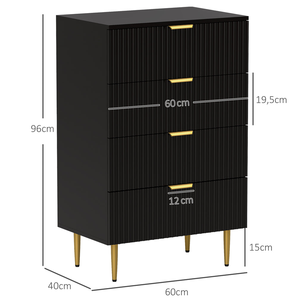 HOMCOM Modern 4-Drawer Chest of Drawers, Dresser with Gold Handles and Anti-Tip Device, 60x40x96 cm, Black