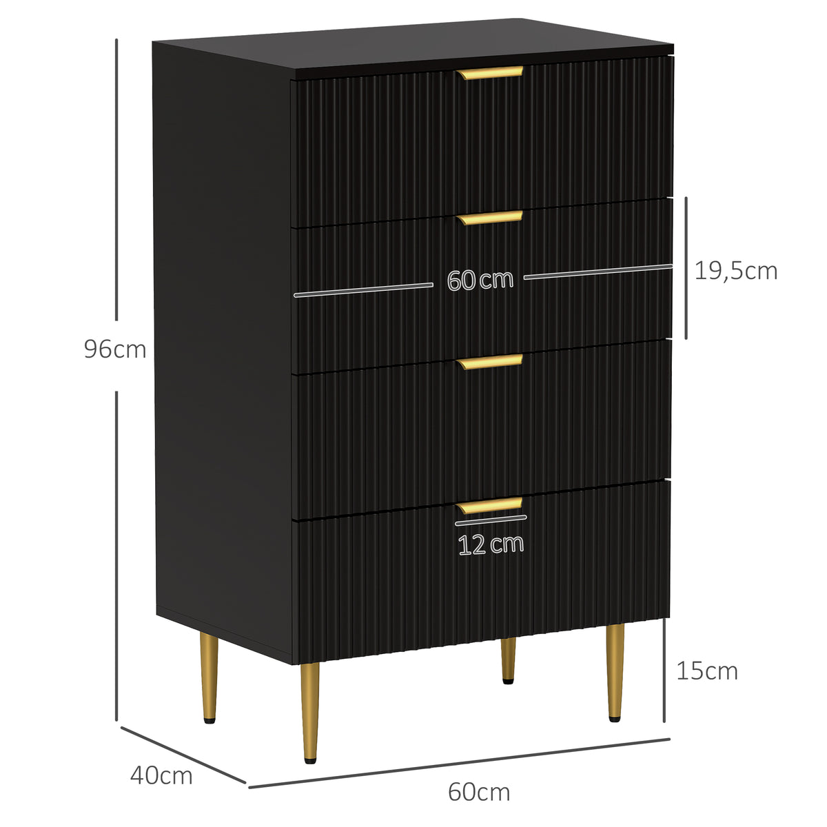 HOMCOM Modern 4-Drawer Chest of Drawers, Dresser with Gold Handles and Anti-Tip Device, 60x40x96 cm, Black
