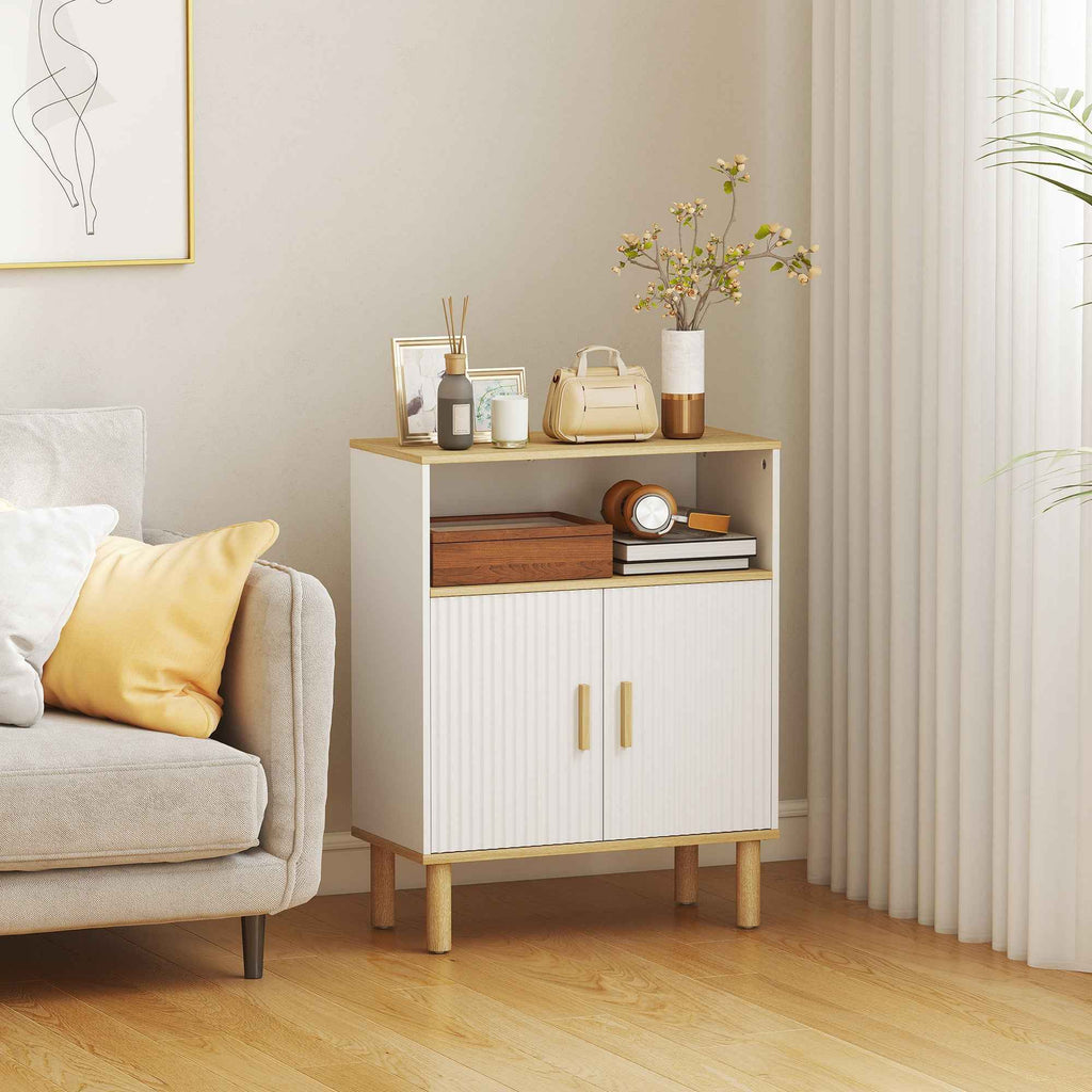 HOMCOM Freestanding Bathroom Cabinet with Adjustable Shelf, White and Natural Wood