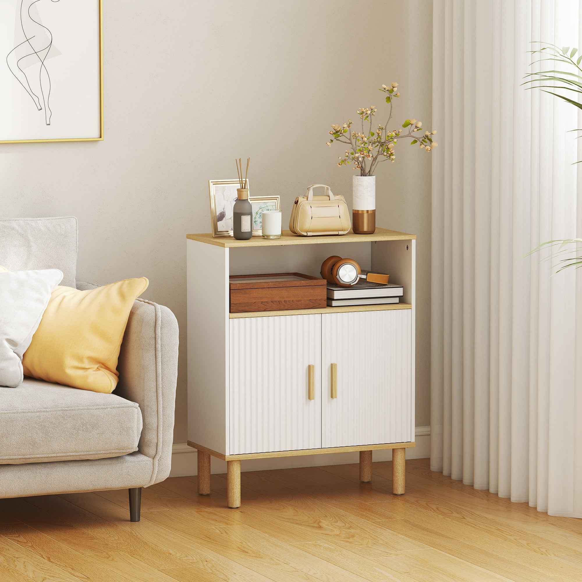 HOMCOM Freestanding Bathroom Cabinet with Adjustable Shelf, White and Natural Wood