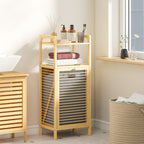 Bamboo and Polyester Bathroom Cabinet with Slatted Base, Laundry Basket and Cabinet, 40x30x95 cm, Grey and Wood