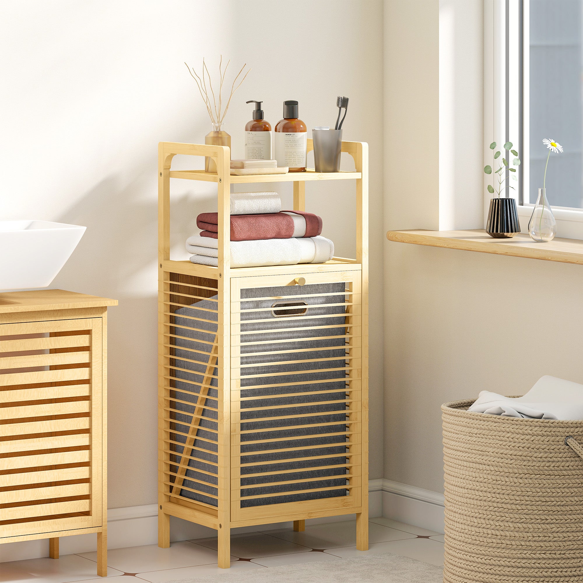Bamboo and Polyester Bathroom Cabinet with Slatted Base, Laundry Basket and Cabinet, 40x30x95 cm, Grey and Wood