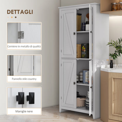 4-Door Kitchen Cabinet with Adjustable Shelves and Raised Wooden Base, 80x40x182cm, White