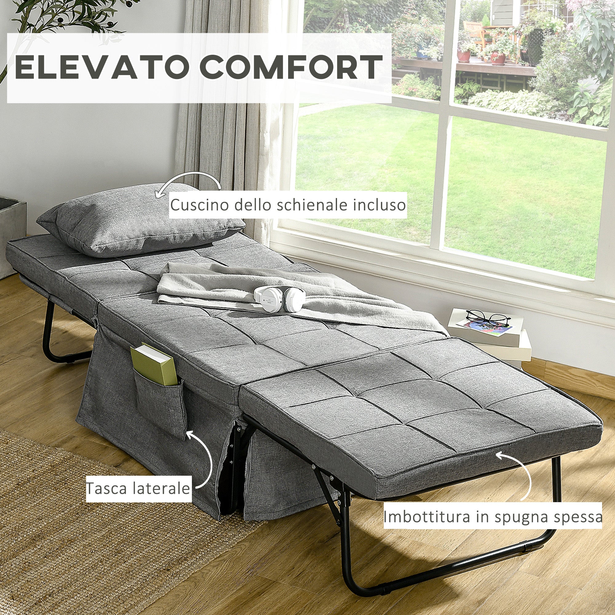Ottoman 4 in 1 Multipurpose Folding Ottoman and single Bed with 5 Level Reclining Backrest, Grey - Borgè