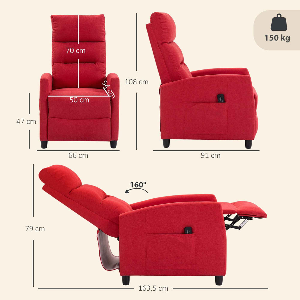 HOMCOM 160° Reclining Massage Chair with Footrest and Remote Control, 66x91x108 cm, in Wine Red Chenille