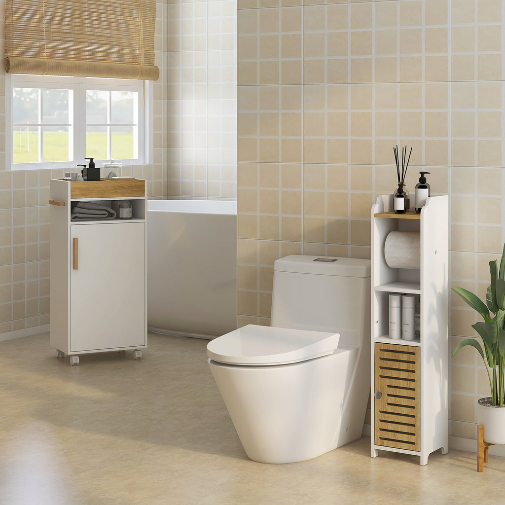 kleankin bathroom cabinet with removable tray, open shelf and closed locker, in chipboard, 40x30x88 cm, white - Borgè