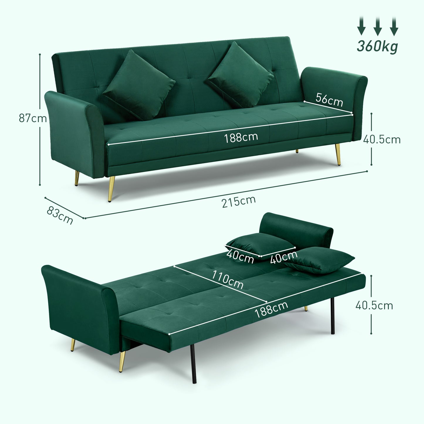 Sofa Bed with Adjustable Backrest and 2 Cushions, in Velvet Effect Fabric, 215x83x87 cm, Green