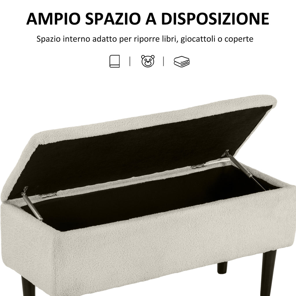 Ottoman Strange Bench with 47L Storage Compartment and Bouclé fluffy Covering, 95x38x45 cm, Beige - Borgè