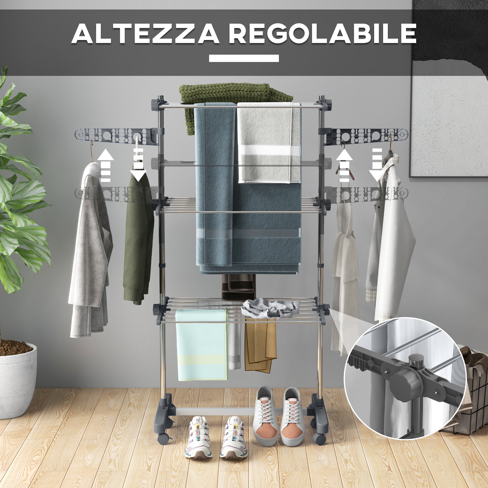 Vertical Drying Rack with 3 Adjustable Shelves, in Steel and Plastic, 142x55x152 cm, Grey and Silver