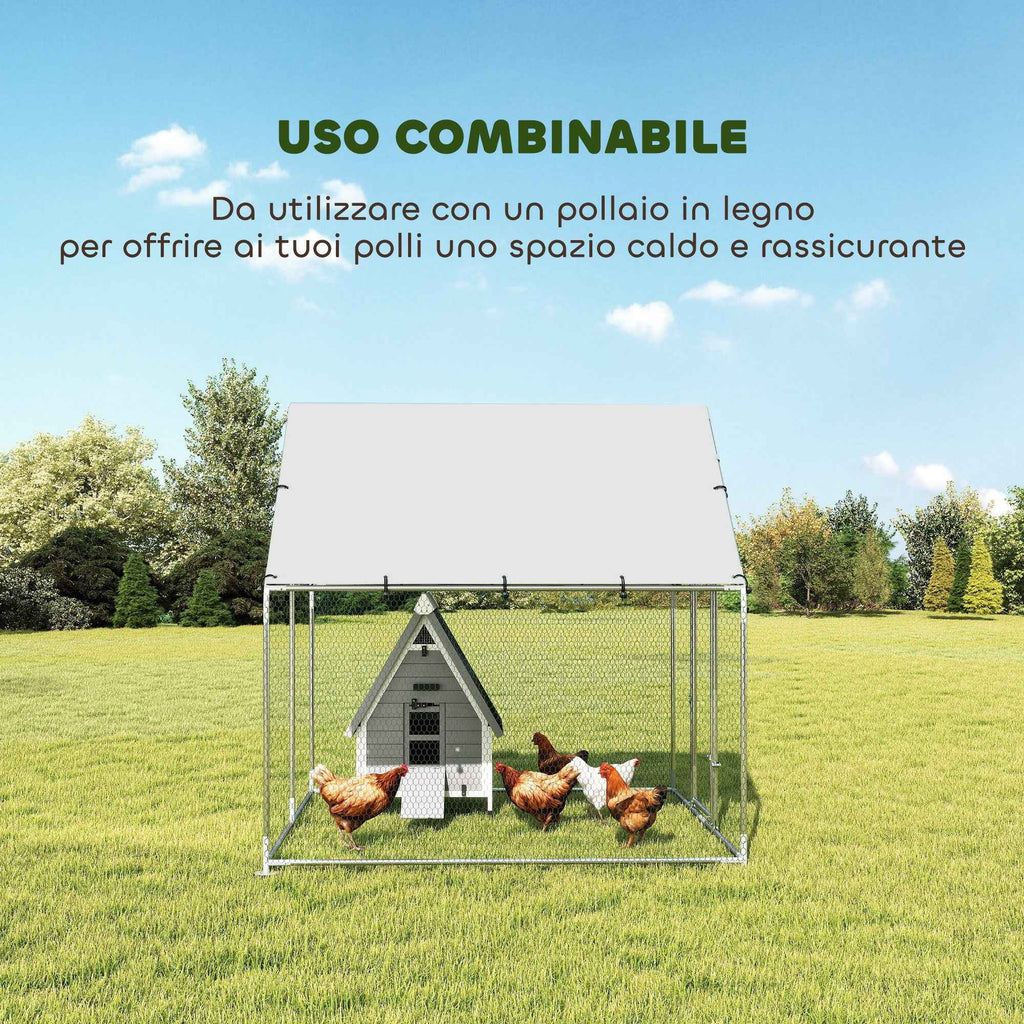 PawHut Outdoor Chicken Coop with Roof and Locks, Galvanized Steel, 2x2x2 m, Silver