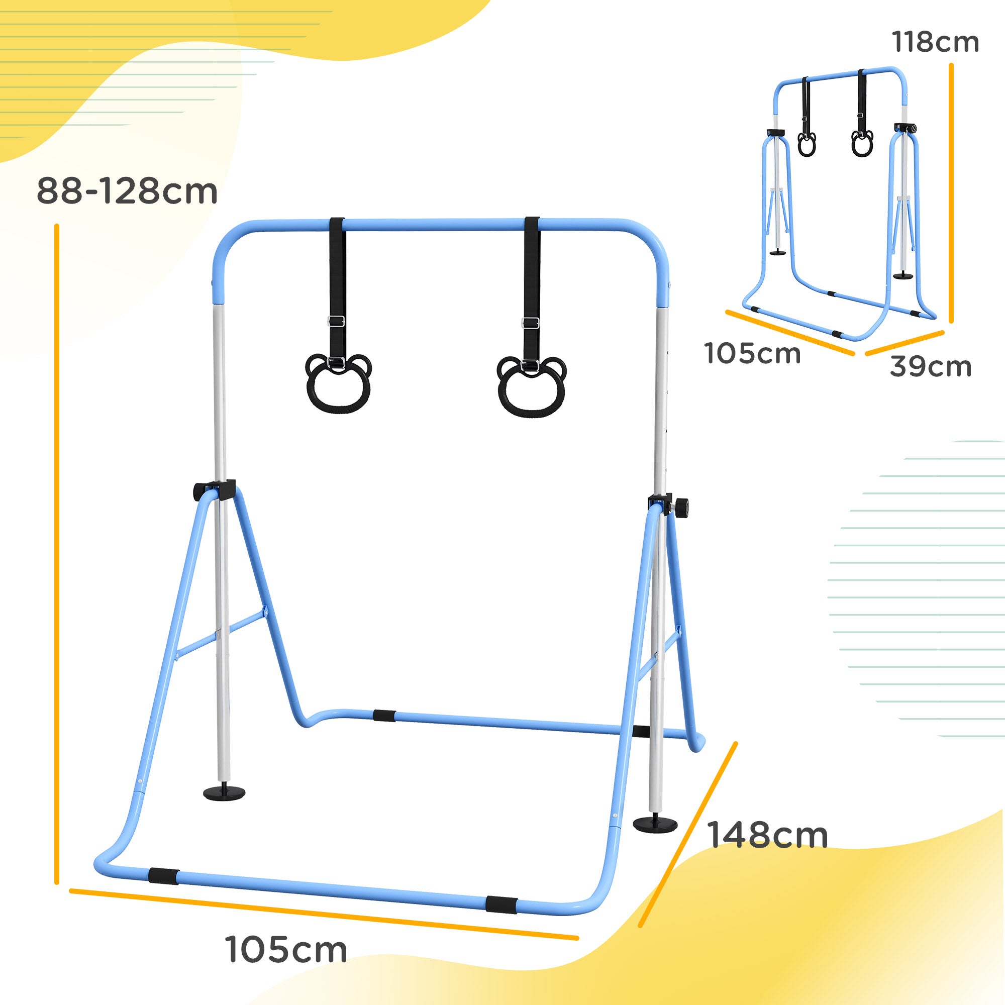 HOMCOM Height-Adjustable Gymnastics Bar for Children with 2 Rings, Steel, 148x105x88-128 cm, Blue