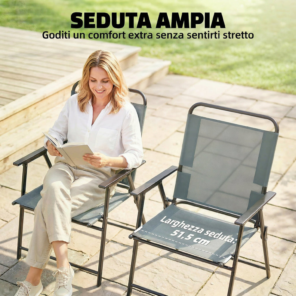 Outsunny Set of 2 Folding Garden Chairs with Armrests and Mesh Seat, Grey