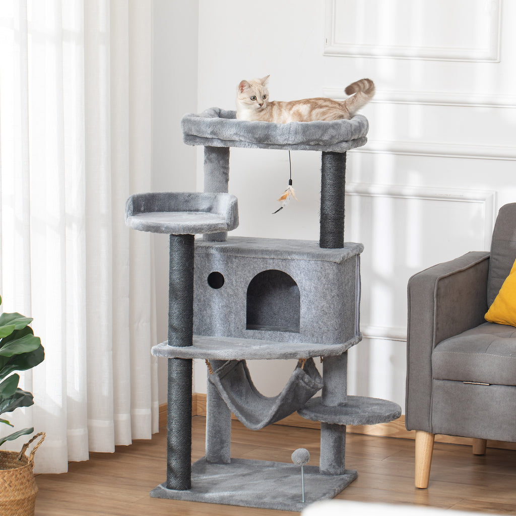 Cat Scratching Tree with Pole, House, Bed, Hammock and 2 Wooden and Plush Toys, 48x48x107 cm, Grey