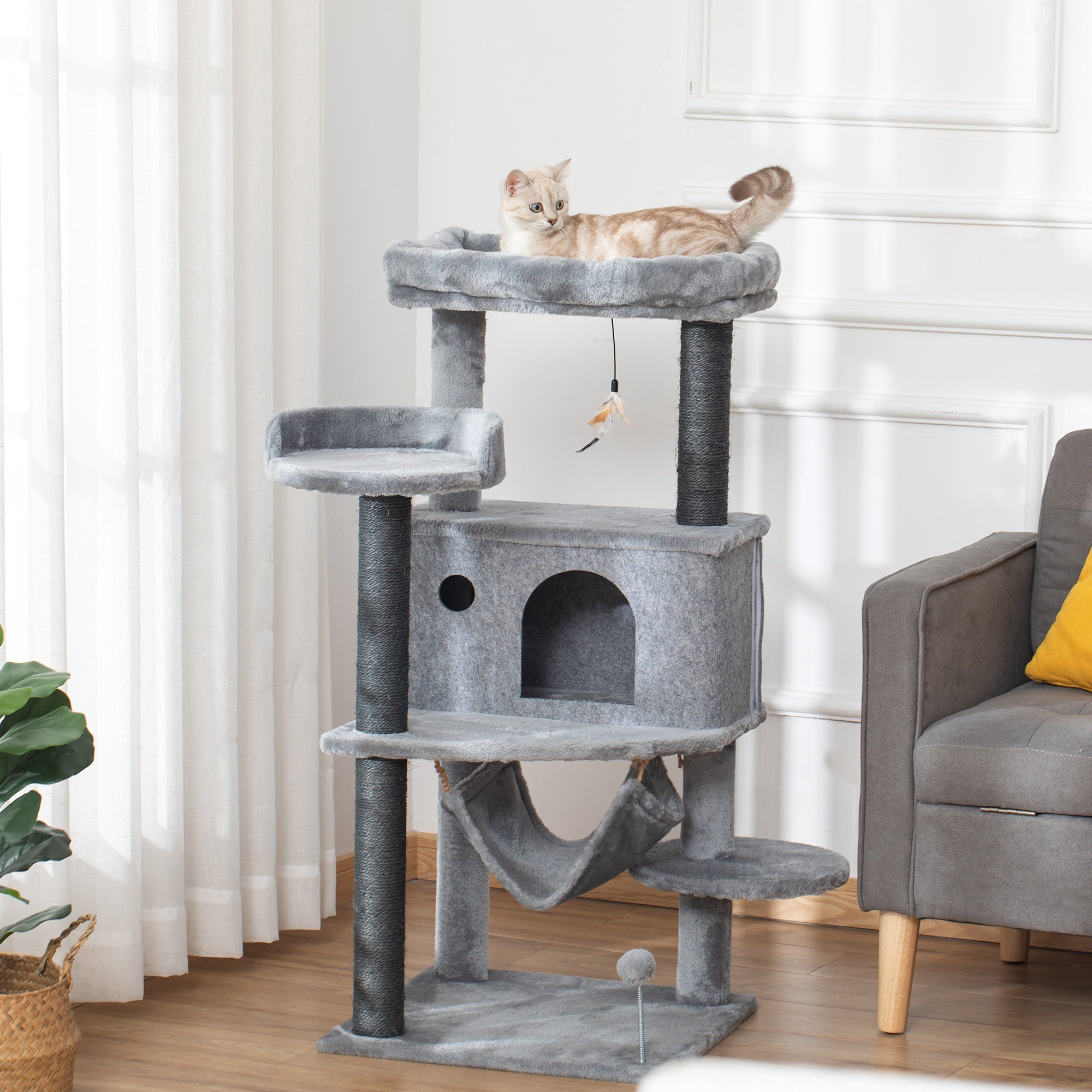 Cat Scratching Tree with Pole, House, Bed, Hammock and 2 Wooden and Plush Toys, 48x48x107 cm, Grey